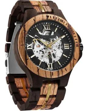 Forsining 2309041 Mens Solid Wood Mechanical Skeleton Watch Vintage Wooden Band Wit