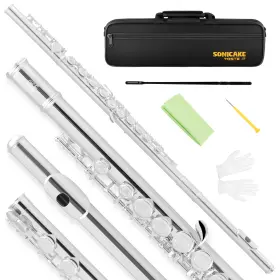 Sonicake Qfl-01 C Flutes Open Hole 16 Keys Flute Gloves Tuning Rod Silver